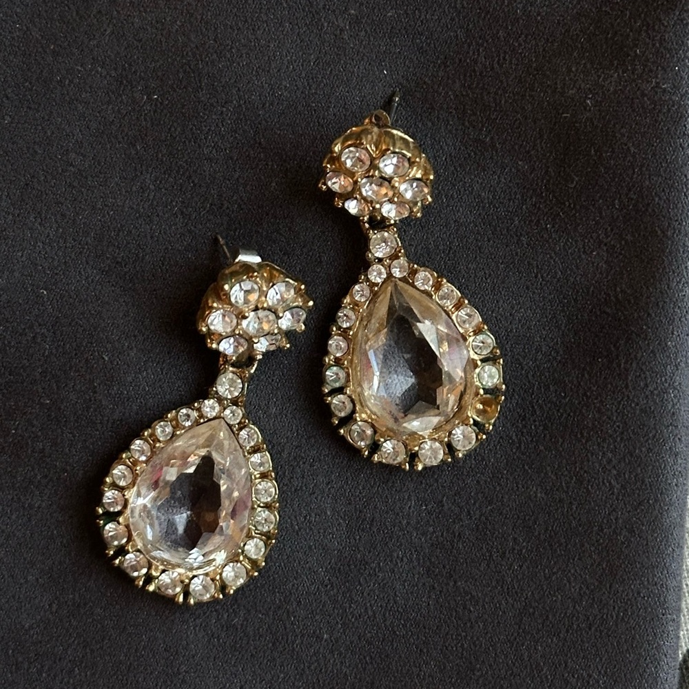 J Crew Elegant Gold and clear gem Teardrop Earrings